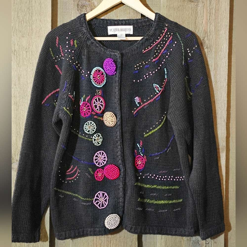vintage 80s 90s Gawdy Victoria Harbour beaded cardigan Sweater Colorful artsy